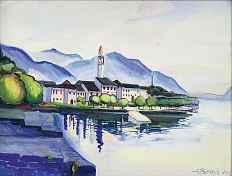 311* A. BENOIS Russisch-schweizerischer Künstler 20. Jh. Südliches Dorf an einem See (Morcote?