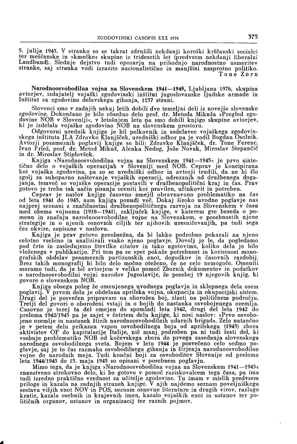 ZGODOVINSKI ČASOPIS XXX 1976 375 5. julija 1945.