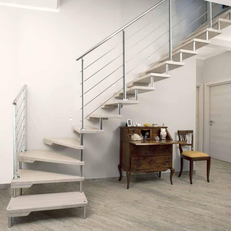 Cantilever staircase Livrea with steps in finger-joint beech wood, Ral-coloured steel posts and banister in