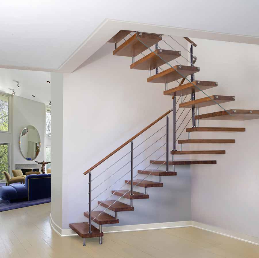 Escalier à encorbellement avec marches en hêtre finger-joint, limons en acier couleur Ral, garde-corps en acier inox et main courante en bois.