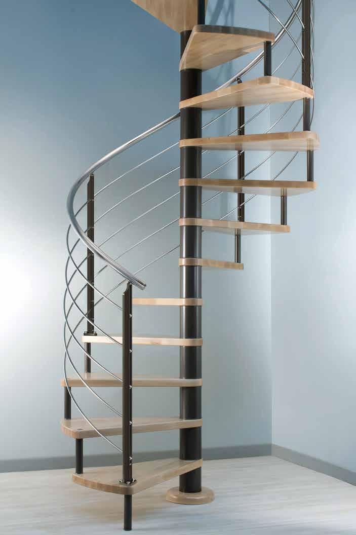 Escalier en colimaçon avec marches en hêtre finger-joint, pilier central et limons en acier couleur Ral, garde-corps et main courante en acier inox.