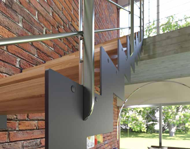 Staircase with double zigzag side structure and posts in Ral-coloured steel with visible screws, steps in finger-joint beech wood, banister in stainless steel