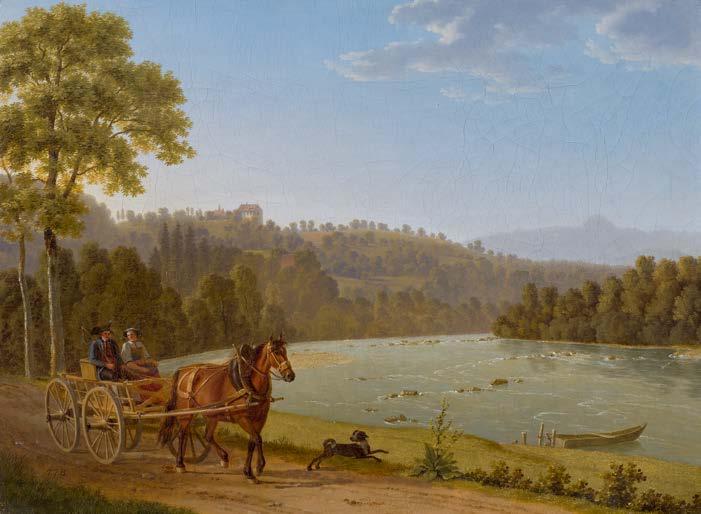 3202 3202 BIEDERMANN, JOHANN JAKOB (1763 Zürich 1830) Blick auf Schloss Oetlishausen mit Reisenden in einer Kutsche entlang der Thur.