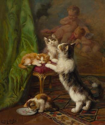 CHF 1 000 / 1 500 ( 900 / 1 400) 3238 HUBER, LEON CHARLES (1858 Paris 1928) Spielende Kätzchen vor einer