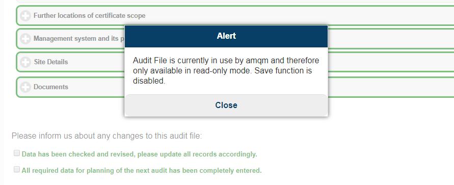 Audit file locked To prevent loss of data we have ensured that only