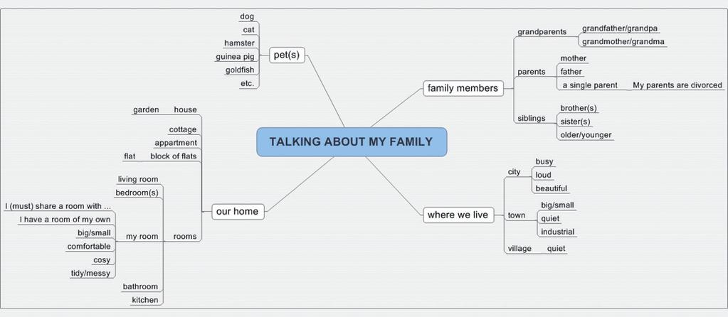 VOCABULARY 2 In an e-mail to your English host family, you want to write about your family. Study this mind map.