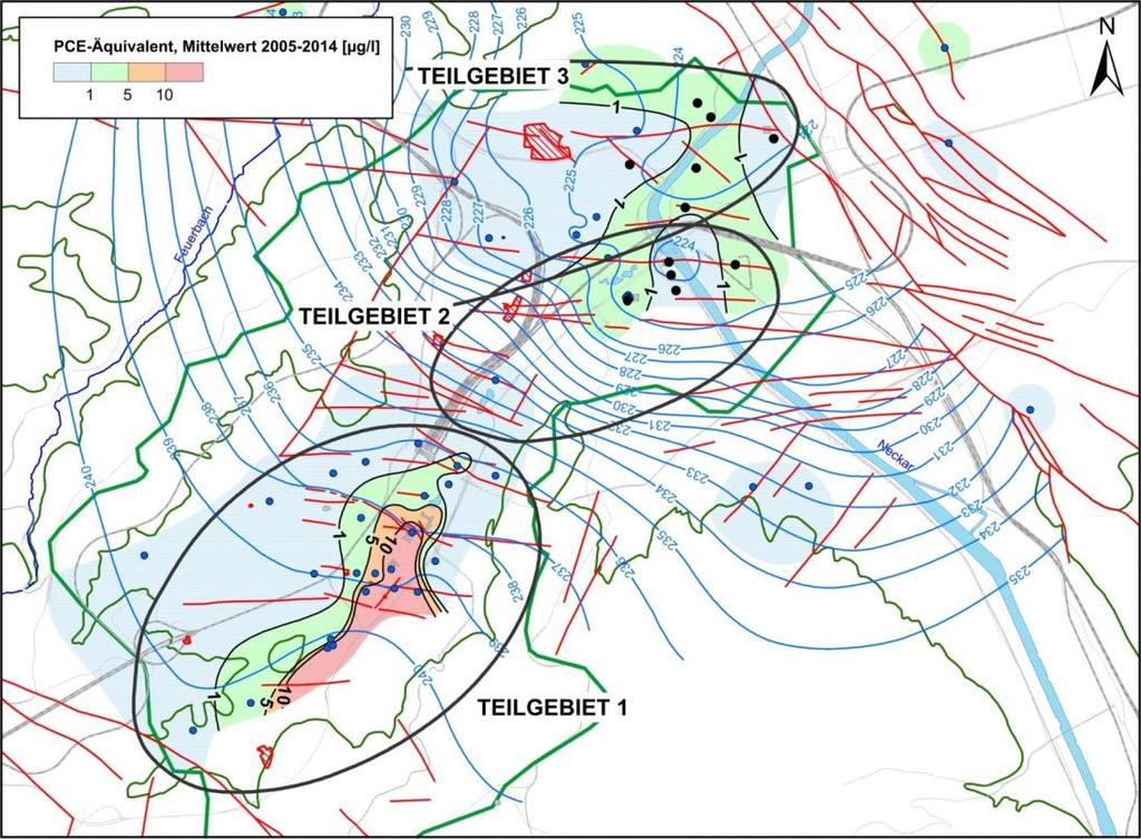 Für ein besseres Verständnis der räumlichen Zusammenhänge wurden anhand der Schadstoffverteilung im Oberen Muschelkalk (siehe Abbildung 3) drei Teilgebiete abgegrenzt: Teilgebiet 1 endet in der