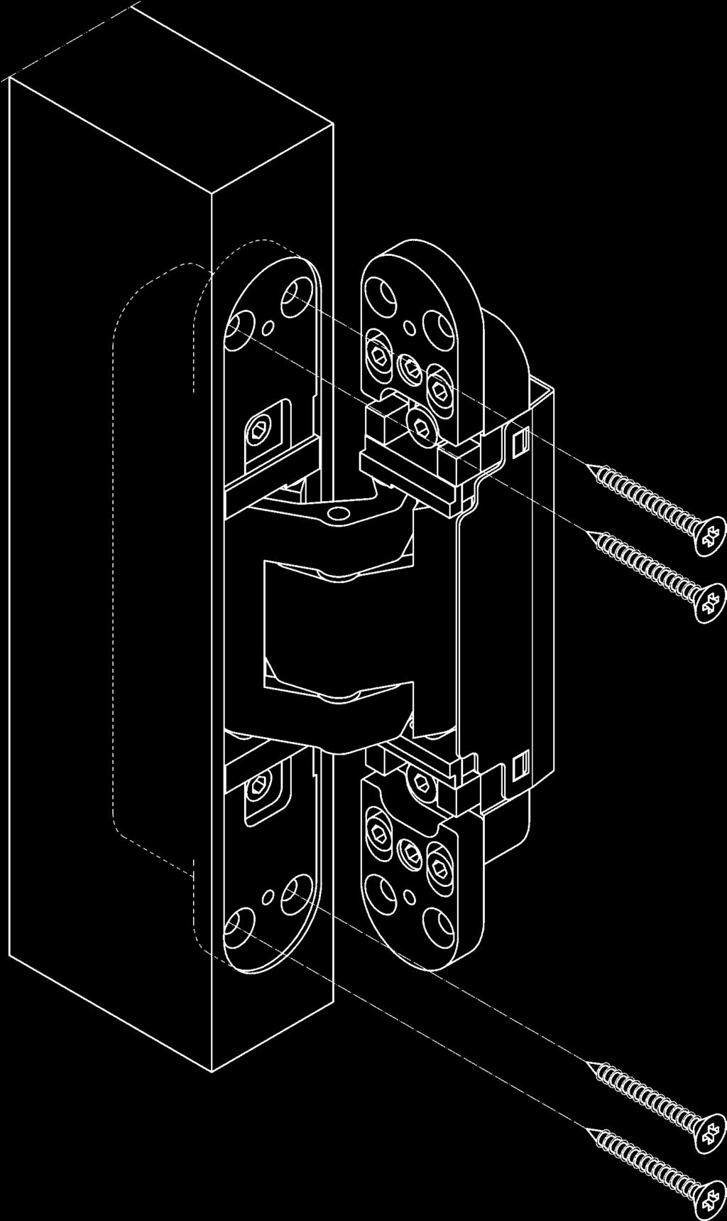 Conduct the routing, cutter 24 mm Ø, collar ring 30 mm Ø, screw hinge door part (marked as door) using 5 mm Ø wood screws. Bandrahmenteil je nach Zargentyp befestigen. Ggf.