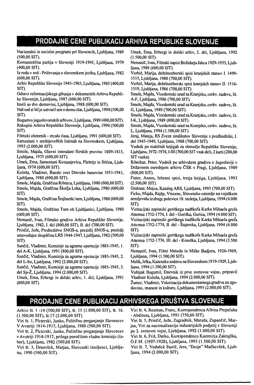 PRODAJNE CENE PUBLIKACIJ ARHIVA REPUBLIKE SLOVENIJE Nacionalni in socialni programi pri Slovencih, Ljubljana, 1989 (500,00 SIT).