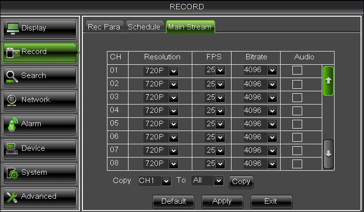 4.4 RECORDING PARAMETERS Select [Main Menu Record] to access the menu [Record]. The following functions are available: 1.