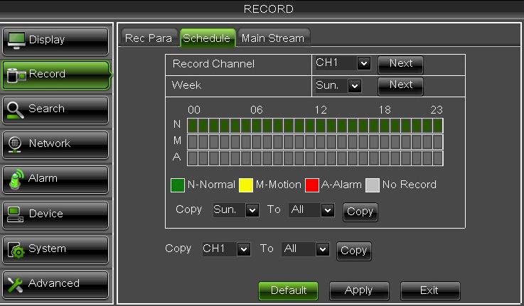 It is also possible to program both recording options, Normal/Alarm within the same time tables. 2.