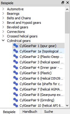 «CylGearPair 1 (spur gear)» oder über den Tab «Beispiele» geöffnet werden. Abbildung 3.