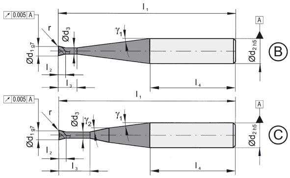 MICROFRÄSER Mehrschneider MICROENDMILL Multiple fluted für Graphit for graphite DSMMG 2-schneidig, 40 Drallwinkel, mit Eckenradius 2-fluted, 40 helix angle, with corner radius Schnittdatenempfehlung