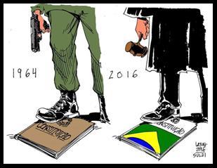 wie die Emoticons in der Karikatur oben auf der Seite. Und ganz rechts ist Dilma Rousseff dargestellt, die trotz allen Widrigkeiten beharrt ich trete nicht zurück!