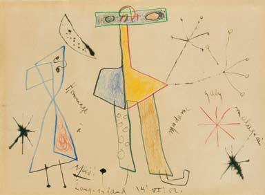 XX. Joan Miró (Barcelona 1893-1983 Palma de Mallorca), "Hommage à Madame Gaby Malaquais" (Hommage an Madame Gaby Malaquais), Farbkreidezeichnung und Tusche auf