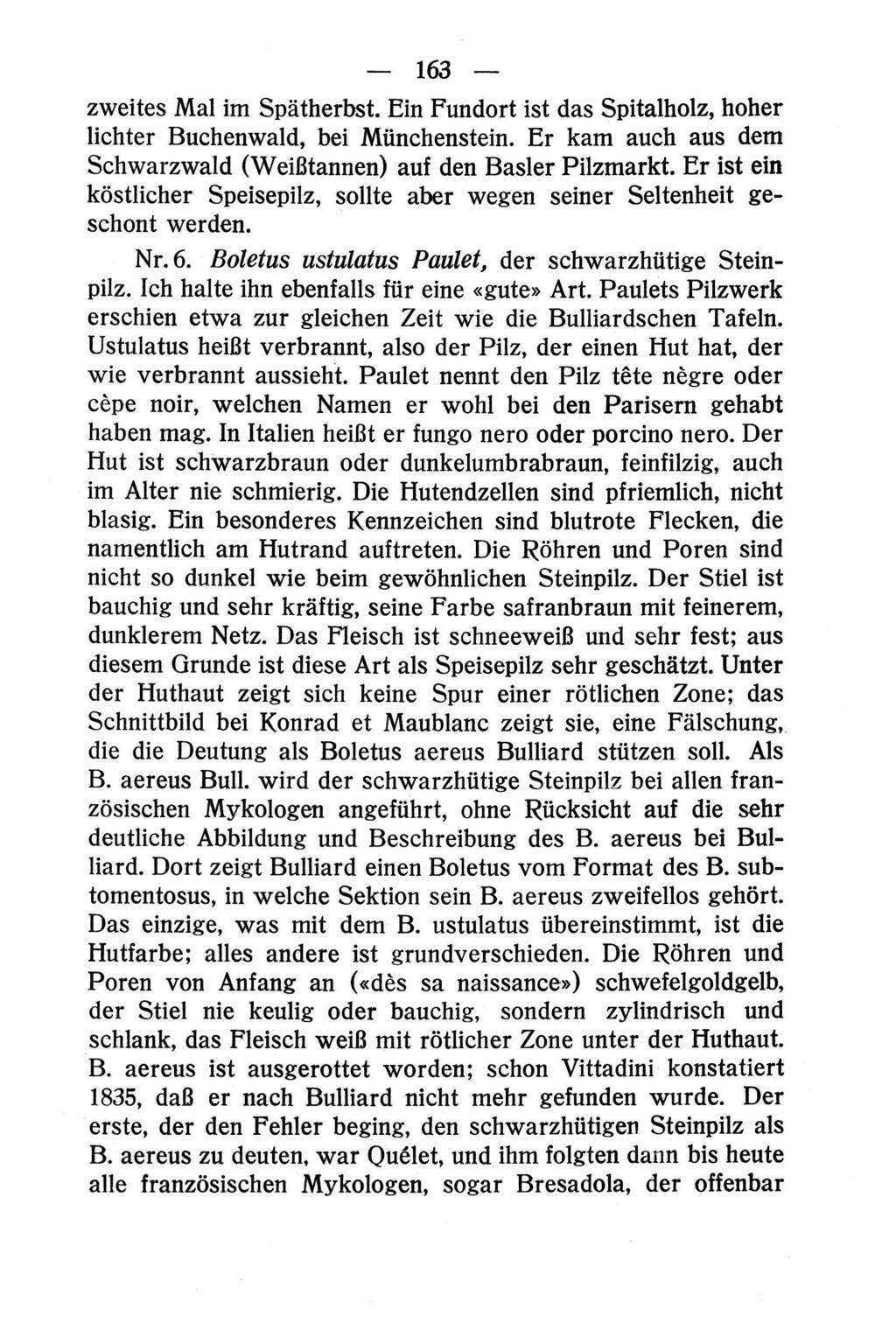 163 zweites Mal im Spätherbst. Ein Fundort ist das Spitalholz, hoher lichter Buchenwald, bei Münchenstein. Er kam auch aus dem Schwarzwald (Weißtannen) auf den Basler Pilzmarkt.