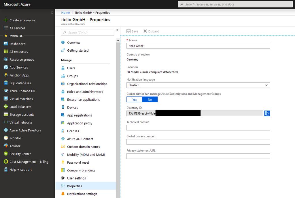 2.1.7 Azure Active Directory Determining the Directory ID Determining and saving the directory ID: Select the Azure Active Directory item from the resource list at the left In the Azure Active