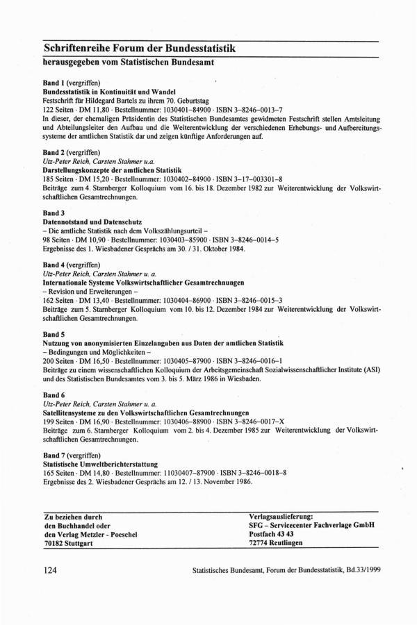 Schriftenreihe Forum der Bundesstatistik herausgegeben vom Statistischen Bundesamt Band 1 (vergriffen) Bundesstatistik in Kontinuität und Wandel Festschrift für Hildegard Bartels zu ihrem 70.