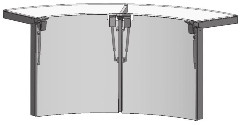 Frontglasgröße L = 1250 mm H = 700 mm max. Deckglastiefe T = 0 mm Öffnungswinkel 130 for vertical, curved counter max. front glass size L = 1250 mm H = 700 mm max.