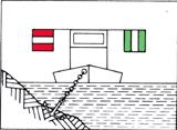 2. Schwimmendes Gerät bei der Arbeit. Vorbeifahrt an der grünen Seite gestattet; rote Seite gesperrt. Sog und Wellenschlag vermeiden. 3. Schwimmendes Gerät bei der Arbeit. Vorbeifahrt an der grünen Seite gestattet. Vorbeifahrt an der roten Seite mit unverminderter Geschwindigkeit möglich.