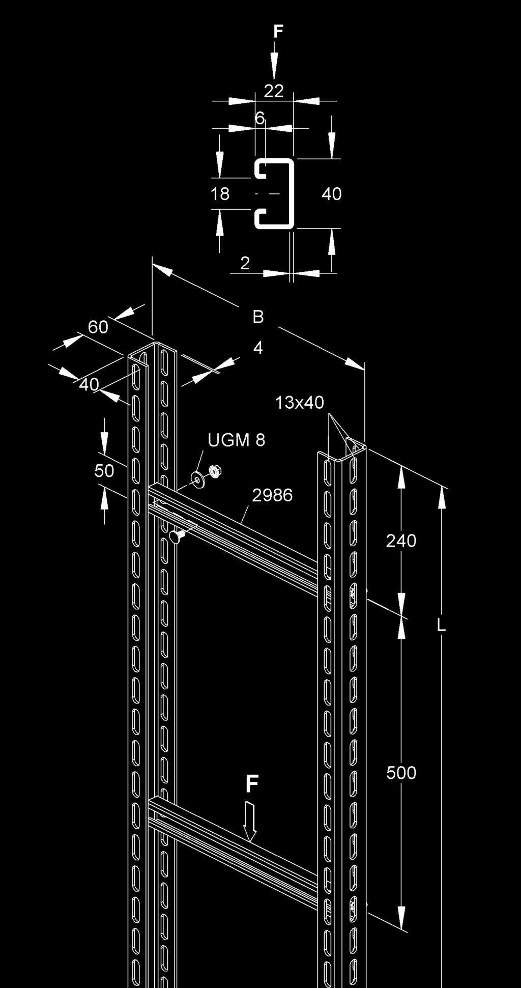 STEIGETRASSEN-SYSTE Steigetrasse aus U 6040 Profilen und Ankerschienen odell 2986 (C-Profil), unmontiert Höhe H Breite B änge zul.
