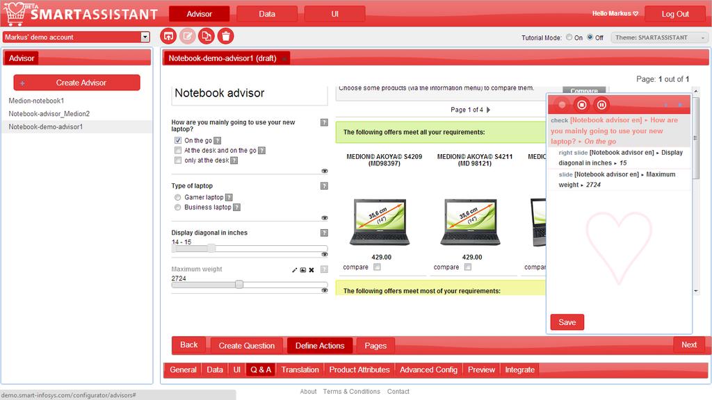 RECORD ACTIONS Within the Define Actions tab business users can train the advisor to perform specific actions whenever a shopper