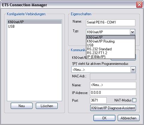 0c) unter Extras -> Optionen den Reiter Kommunikation aus: Nach Anklicken der Schaltfäche Schnittstelle konfigurieren öffnet sich der ETS Connection Manager. Legen Sie eine neue Verbindung an.