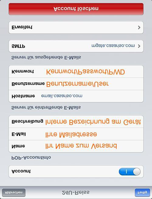 Maileinstellungen Apple ios Auf den folgenden Seiten sehen sie die Einrichtung eines Mailkontos unter Apples ios. Diese bitte exakt ausfüllen bzw.