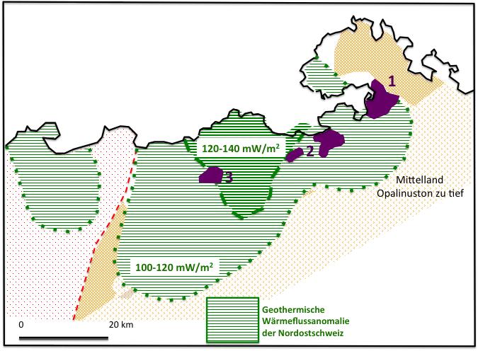 3. Ressourcenkonflikt mit Geothermie: Das Gebiet im und um das untere Aaretal ist die Region in der Schweiz mit dem höchsten geothermischen (Erdwärme) Wärmefluss 10 (Abbildung 6).