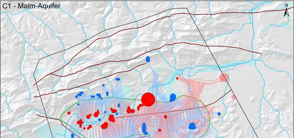 NAGRA NTB 14-02 74 Dossier V Fig. 5.5-2: In- und Exfiltrationszonen des Malm-Aquifers nach dem hydrogeologischen Lokalmodell Jura-Südfuss (Luo et al. 2014d).
