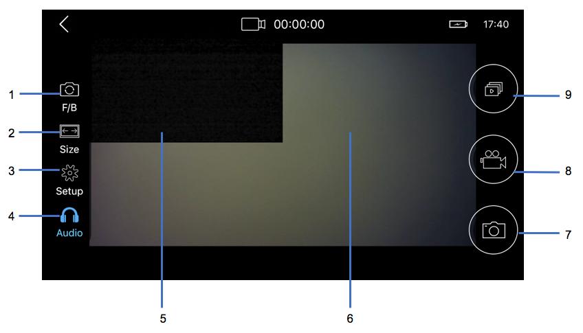 5.3. Verwenden der App ROPRO CAM 1 F/B (Ändern der Ansicht) Bei angeschlossener Heckkamera, wird das Bild der Heckkamera (5) Bild in Bild in der Frontanzeige angezeigt.