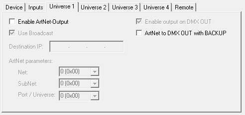 Universe Einstellungen ArtNet Player 4 7 Für jedes Universum werden die Ziel-Einstellungen in den Reitern Universe 1 bis Universe 4 angegeben.