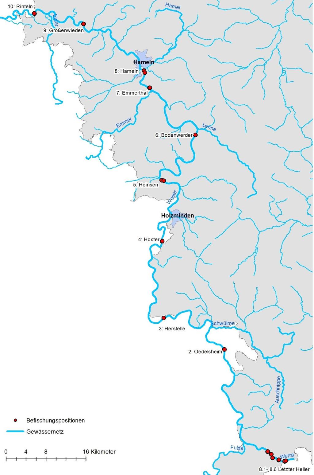 Abb. 1: Karte des Untersuchungsgebiets mit Lage der Befischungspositionen in Oberweser und Werra