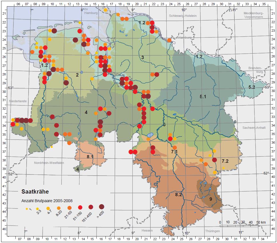 Abb. 2: Verbreitung der Saatkrähe in Niedersachsen 2005-2008 nach Naturräumlichen Regionen (Krüger et al. 2014).