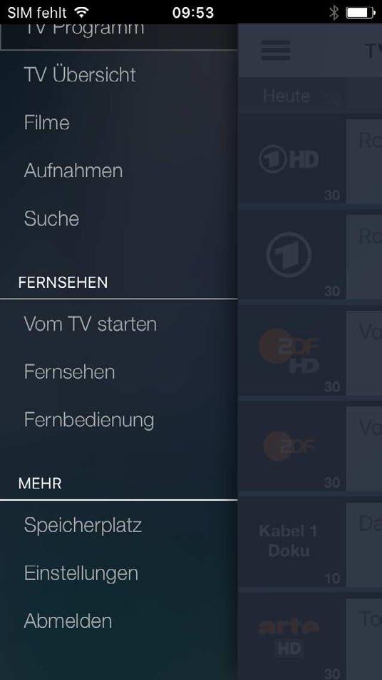 Das Menü von TvActor setzt sich aus folgenden Bereichen zusammen: Allgemein (alternativ der Name des Netzbetreibers) TV Programm: Sender und Sendungen werden in Form einer Liste angezeigt TV