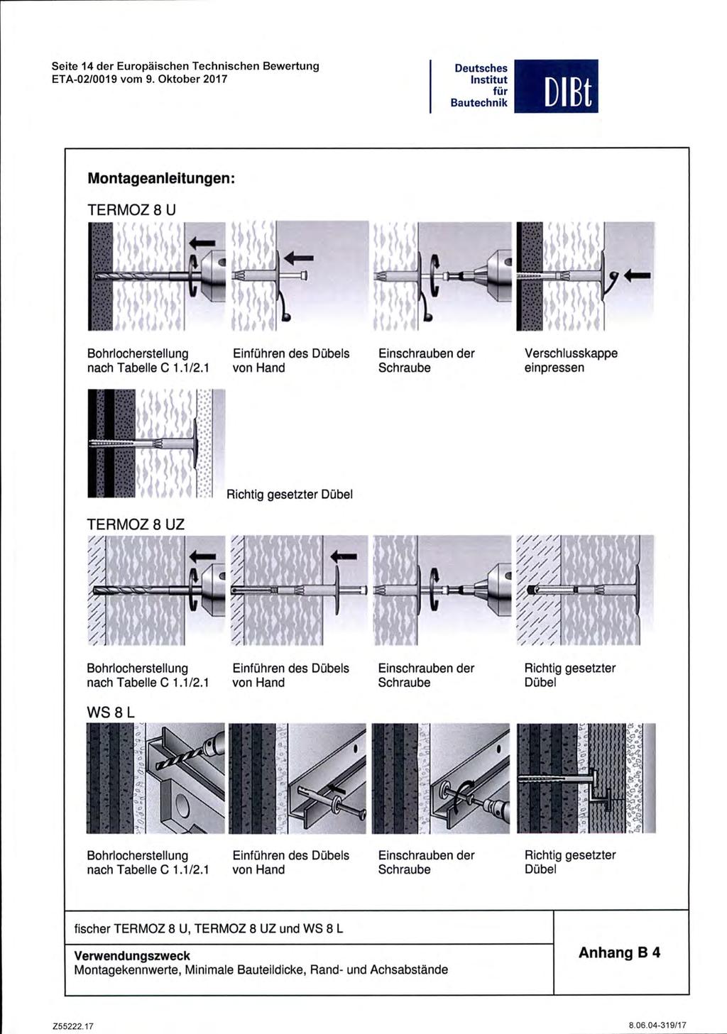 Seite 14 der Europäischen Technischen Bewertung Montageanleitungen: TERMOZ 8 U ip Bohrlocherstellung nach Tabelle C1.1/2.