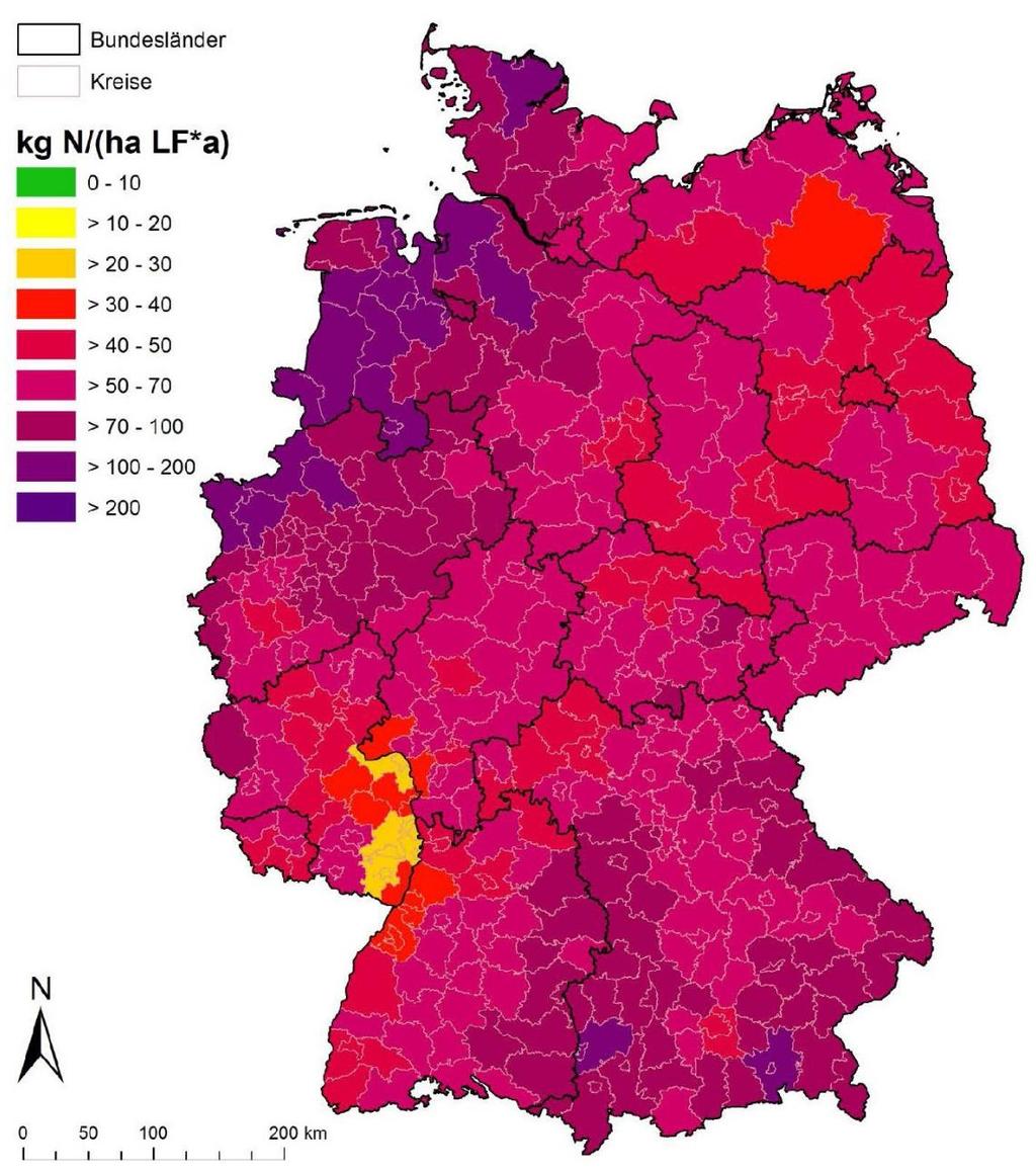 Überschuss der Stickstoff-Flächenbilanz der Landwirtschaft in den Kreisen (Kreisregionen), Mittel der Jahre 2011 2013, mit Berücksichtigung der N-Zufuhr mit Gärresten