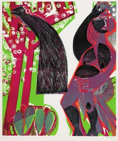 Die Frau mit dem Pfau, aus der Serie»Baumblüte«, 1963 Farbholzschnitt auf