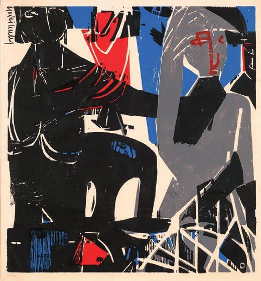 Huldigung (Standesamt), 1953 Farbholzschnitt, 63 60 cm signiert und bezeichnet: Grieshaber Probe Auflage: außerhalb der Auflage von 25 Exemplaren lösen und ein erschwingliches Tafelbild zu schaffen«.