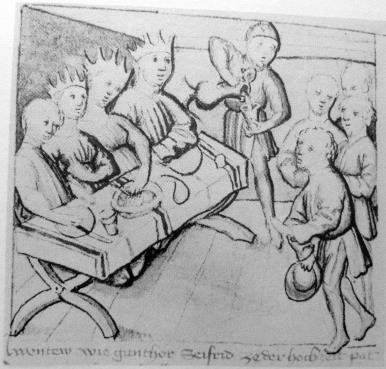 Auf dieser Darstellung sieht man gut, wie die Burgunderkönige die Boten hinter dem Tisch empfangen.