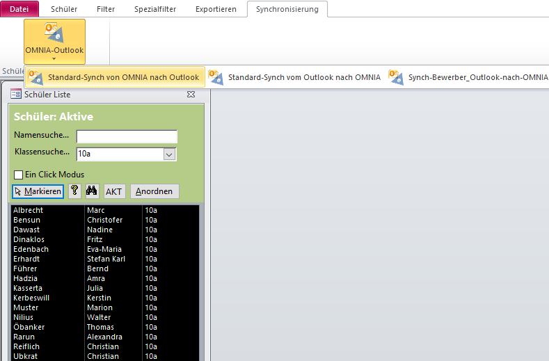 2 Durchführung der Synchronisationsvorgänge Nachdem die gewünschten Synchronisationsvorgänge konfiguriert wurden, wechselt man jetzt in das Schülermodul, um Kandidaten aus Outlook in die