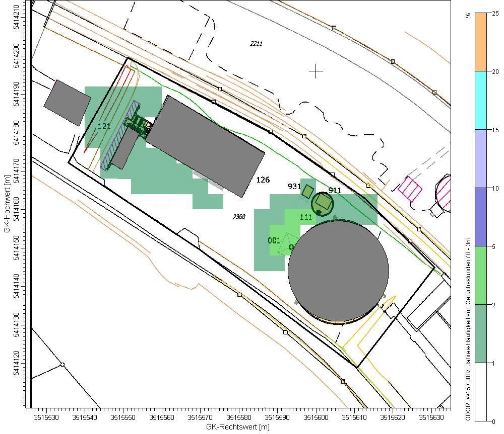 Abbildung 11 zeigt die prognostizierte Zusatzbelastung im unmittelbaren Umfeld um die Biogasanlage (Flächengröße von 4 4 m).