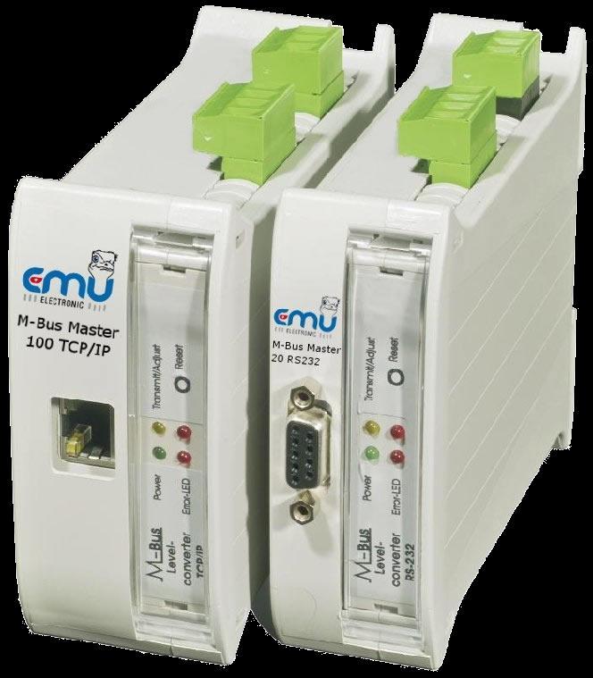 M-Bus Pegelwandler EMU M-Bus Master 20 TCP/IP M-Bus Pegelwandler für 20 Endgeräte BxHxT: 58x108x118 mm 2400 Baud Montage auf 35 mm DIN-Schiene Anschluss: RJ45 TCP/IP Abschaltung bei Überlast Externe
