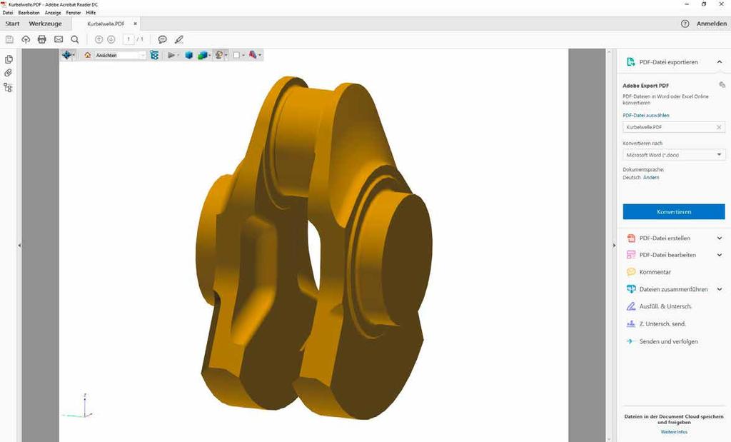 Mit dem MegaCAD Viewer 2D/3D 2016 Professional können MegaCAD Dateien und importierte 3D- Modelle auch als 3D PDF-Datei gespeichert werden, die mit dem kostenlosen Adobe Reader DC von