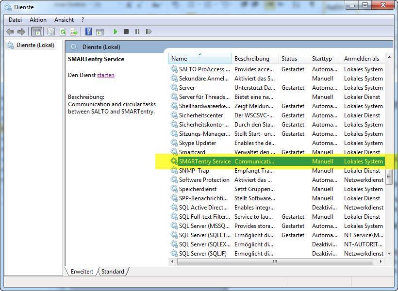 In den Windows Diensten wird Ihnen der SMARTentry Dienst angezeigt. Sobald SMARTentry Notification startet (siehe vorheriger Abschnitt), können Sie auch den SMARTentry Dienst starten.