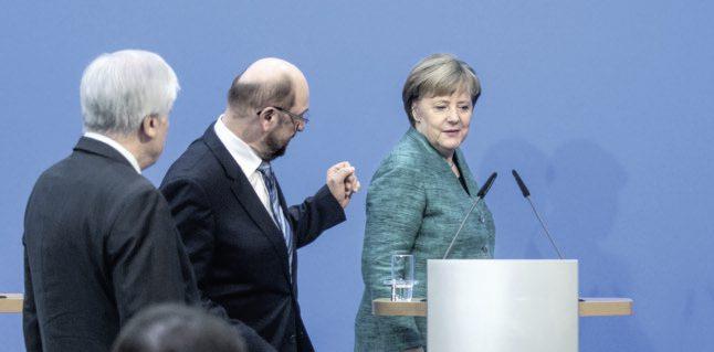 INHALT Foto:imago/IPON Pressekonferenz zumabschluss derkoalitionsverhandlungen am Februar in Berlin mit denparteivorsitzendenangela Merkel DU und HorstSeehofer SU l sowie
