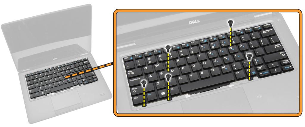 5 Führen Sie folgende Schritte wie in der Abbildung gezeigt durch: a Hebeln Sie die Tastatur ab, um sie aus dem Computer zu lösen [1]. b Entfernen Sie die Tastatur vom Computer [2].