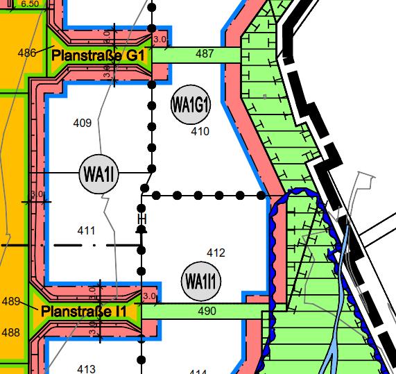 6 Öffentliche Grünflächen zur Ableitung Oberflächenwasser der Planstraßen G1 und I1 Eine geringfügige Änderung erfolgt