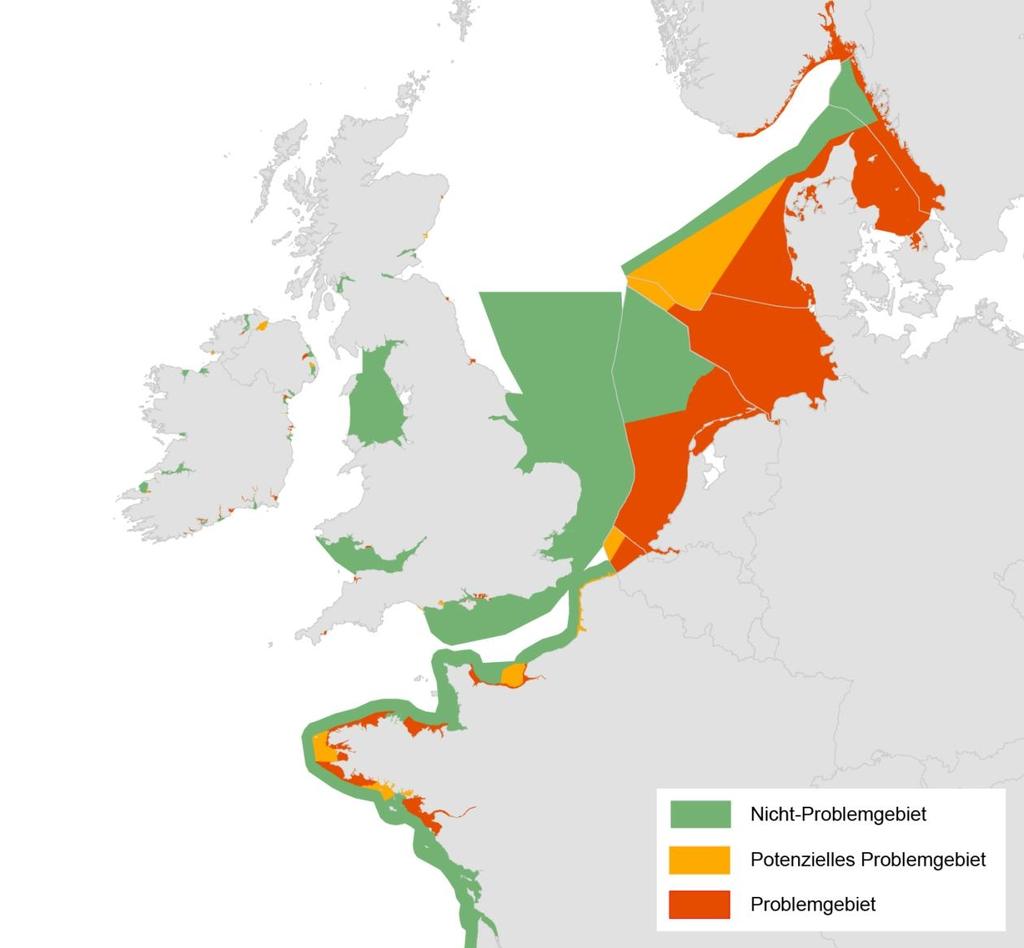Belastungssituation: Beispiel Nordsee Eutrophierungsstatus der Nordsee (2007) Stickstoff wird zum Großteil über Flüsse in