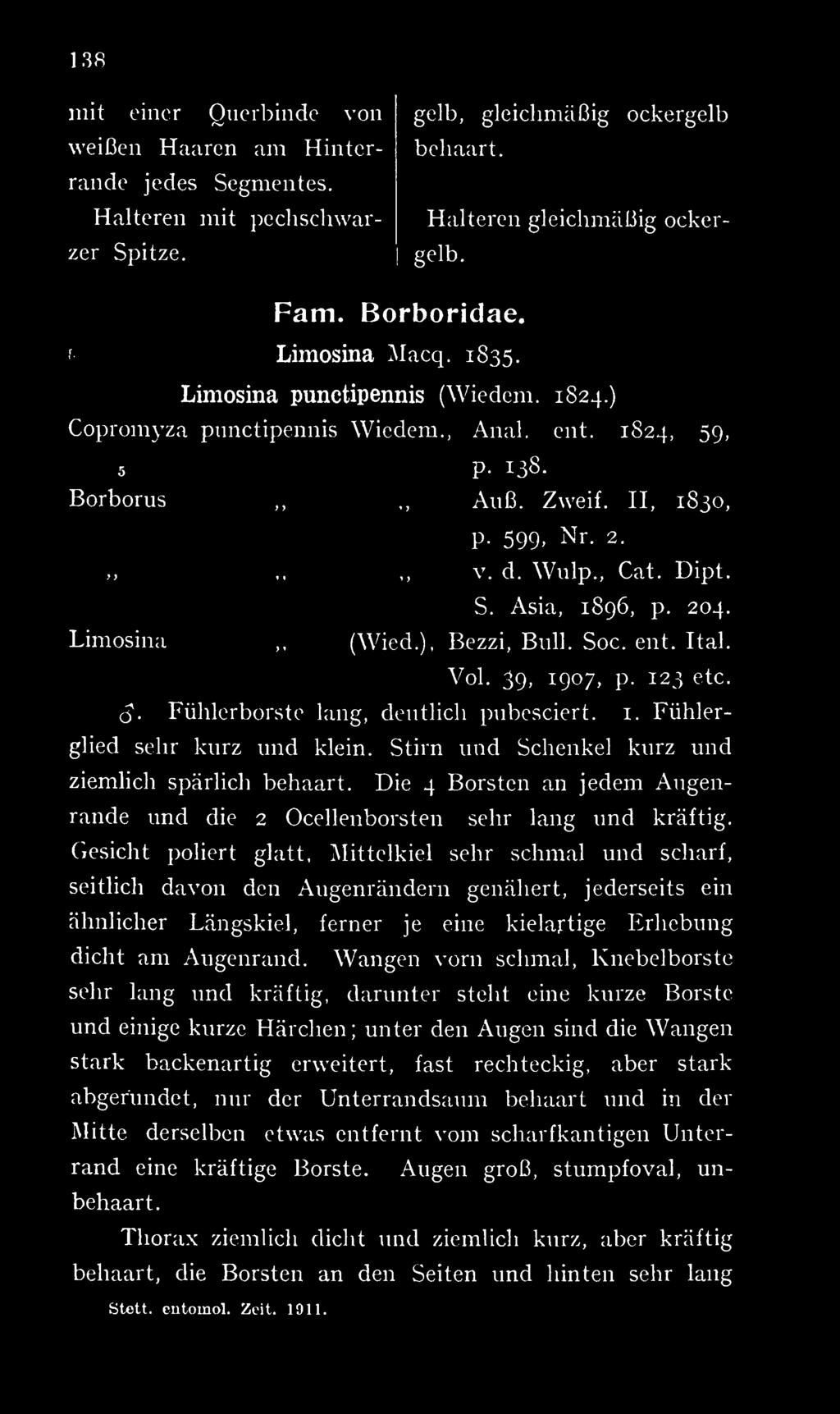 Asia, 1896, p. 204. Limosina (Wied.), Bezzi, Bull. Soc. ent. Ital. Vol. 39, 1907, p. 123 etc. S. Fühlerborstc lang, deutlich pubesciert. i. Fühlerglied sehr kurz und klein.